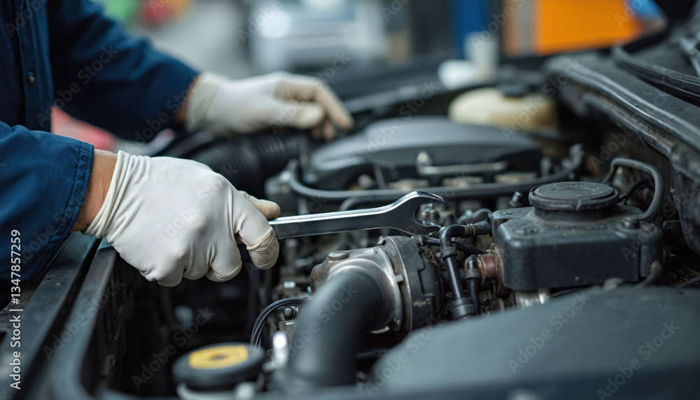 Auto mechanic hands using wrench to repair auto engine. Car maintenance, service at garage. Technician inspects vehicle for problems. Auto repair, fixing, check, services, insurance, checkup concept. Auto mechanic hands using wrench to repair auto engine. Car maintenance, service at garage. Technician inspects vehicle for problems. Auto repair, fixing, check, services, insurance, checkup concept.