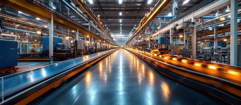 Industrial factory interior with illuminated assembly line. Industrial factory interior with illuminated assembly line.