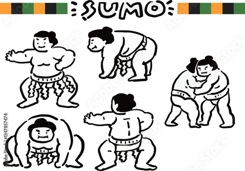 力士のゆるい線画風イラストセット
