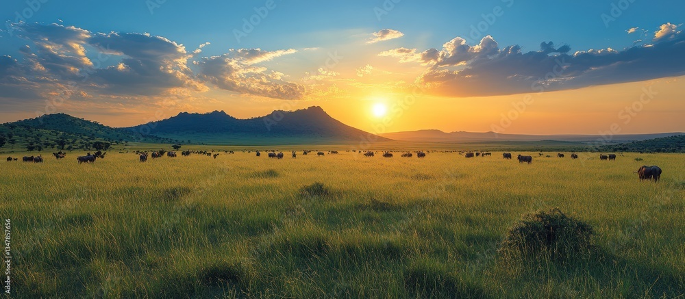 Sunset over African savanna with grazing animals. Sunset over African savanna with grazing animals.
