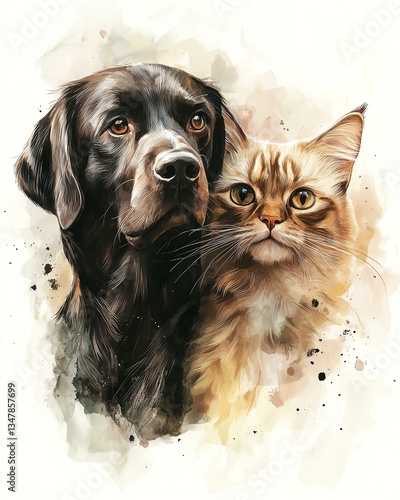 watercolor dog and cat portraits illustration, a beautiful portrait of a dog and cat together, showcasing their friendship and loyalty.