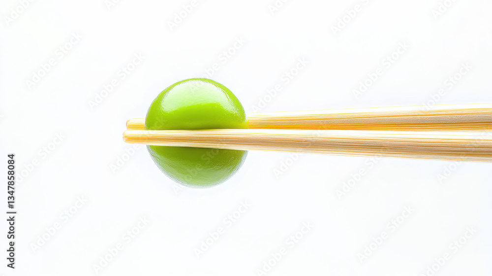 A single chopstick holding a fresh green pea, ultra-minimalist composition, pure white background
