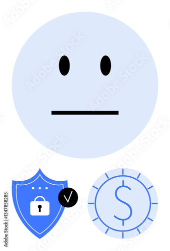 Neutral face emotion paired with shield featuring padlock and checkmark, currency coin icon below. Ideal for security, finance, trust, risk management, neutrality, technology, flat simple metaphor