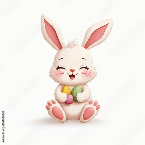 Niedliches Osterhasen-Baby hält bunte Eier

