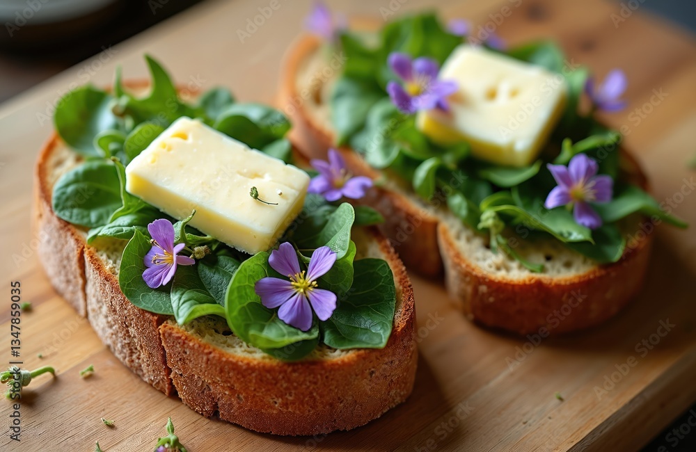 Two slices sourdough bread topped with fresh wild edible spring plants like goutweed leaves and lungwort blossoms. Healthy raw breakfast snack with butter on wooden table, foraging food concept. Two slices sourdough bread topped with fresh wild edible spring plants like goutweed leaves and lungwort blossoms. Healthy raw breakfast snack with butter on wooden table, foraging food concept.
