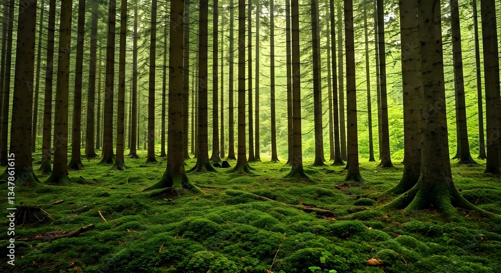 Fototapeta premium A lush green forest with tall trees and soft sunlight filtering through the leaves, AI Generated