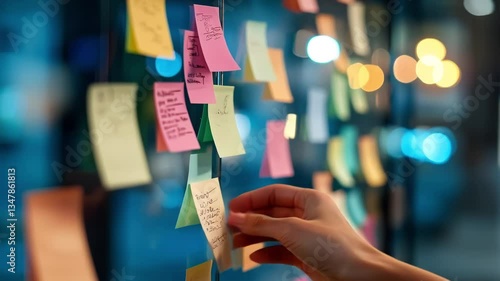 Engaging brainstorming session with colorful sticky notes at a collaborative workspace