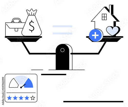 Scales balancing work and money with home and heart, equality sign between. Gauge and rating stars at base. Ideal for balance, finances, priorities, valuation, real estate, investments equality