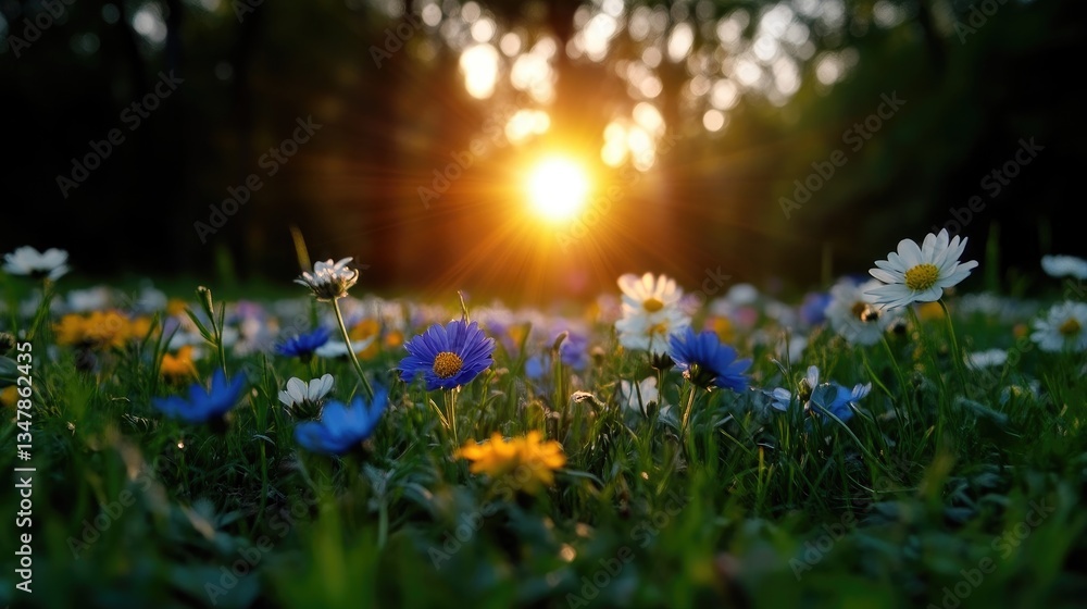 Fototapeta premium Sunset meadow ablaze with wildflowers. Sunlight filters through trees, illuminating a vibrant display of colorful blossoms
