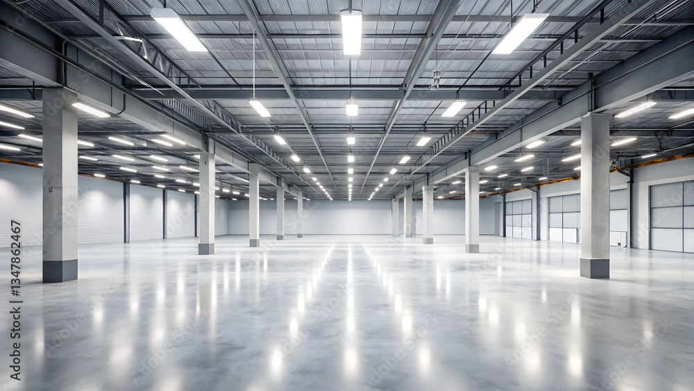 spacious industrial warehouse with polished concrete floors and bright overhead lighting creates spacious industrial warehouse with polished concrete floors and bright overhead lighting creates