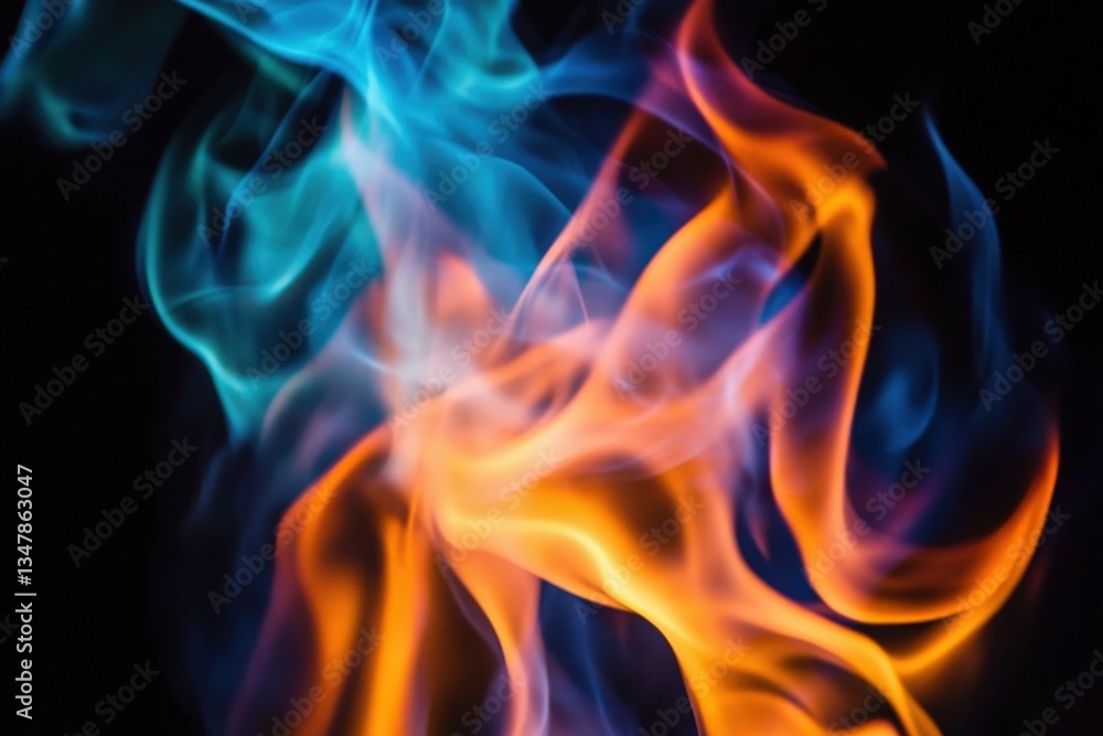 Vibrant blue and orange flames dancing against a dark background Vibrant blue and orange flames dancing against a dark background