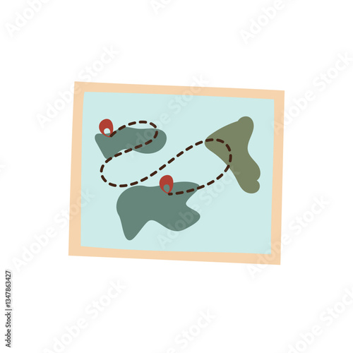 A colorful illustrated map features a playful design with winding paths and two distinct markers representing points of interest. The background is a soft blue, while the land masses are depicted in g