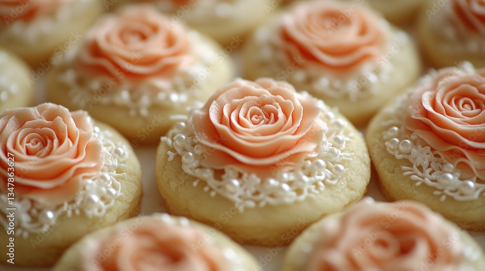 Delicate, ornate cookies adorned with pastel rose blossoms Delicate, ornate cookies adorned with pastel rose blossoms