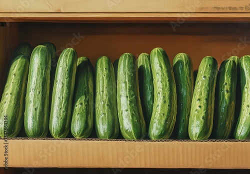 Obraz na płótnie Fresh Green Cucumbers Arranged Neatly on a Wooden Shelf in a Market Setting, Highlighting Their Crisp Texture and Vibrant Color w salonie