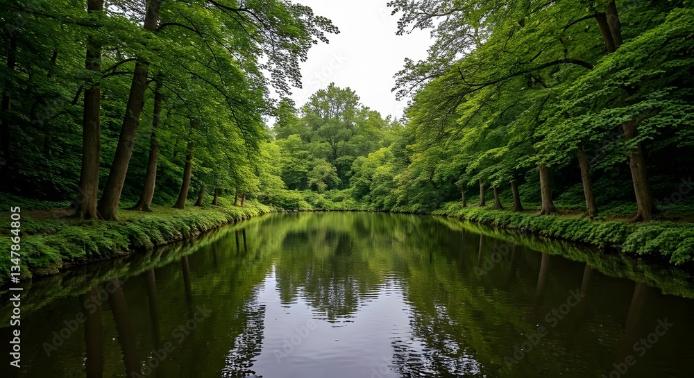 A quiet, secluded pond with lush greenery all around and trees casting reflections, AI Generated A quiet, secluded pond with lush greenery all around and trees casting reflections, AI Generated
