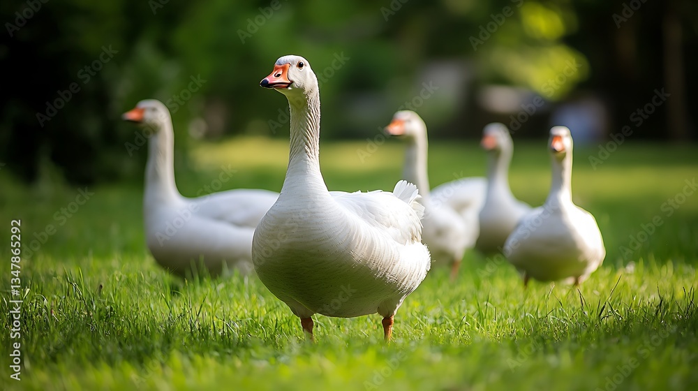 Serene Geese in a Lush Green Meadow Serene Geese in a Lush Green Meadow