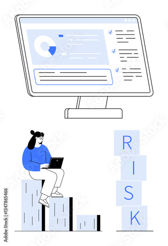 Desktop screen with analytics, person using laptop on bar graph steps, risk blocks. Ideal for data management, financial planning, decision-making, risk assessment, business growth, strategy