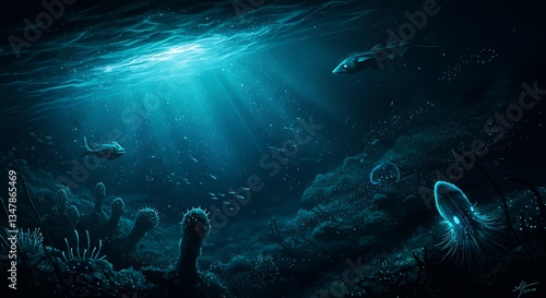 Deep Sea Bioluminescent Creatures Underwater Artwork