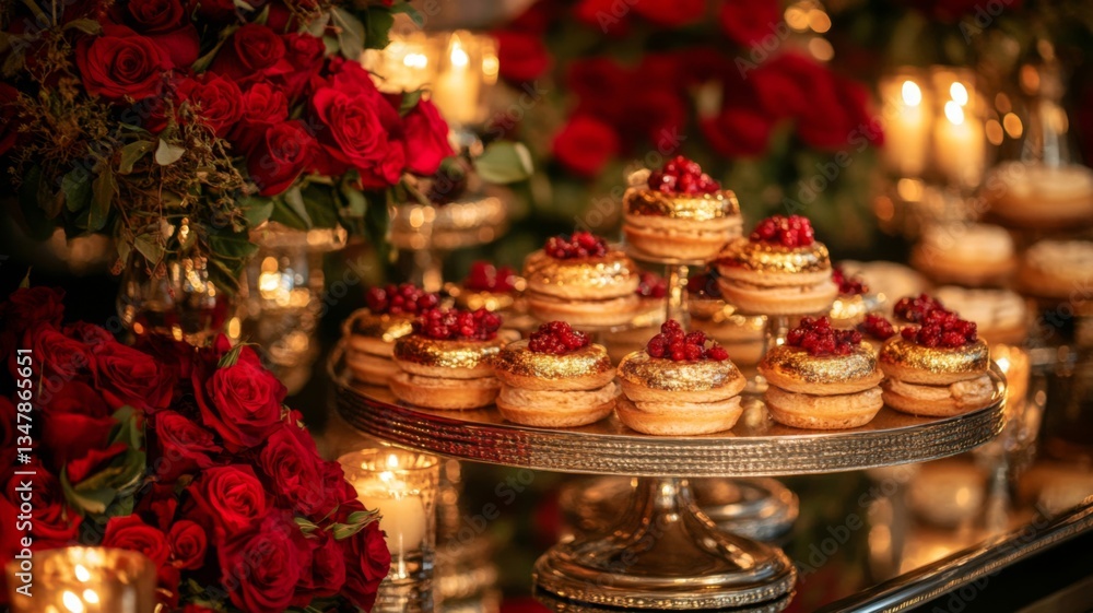 Golden Cakes Decorated With Red Berries And Roses Golden Cakes Decorated With Red Berries And Roses