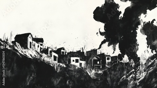 A grayscale depiction of a desolate, hilltop village, shrouded by ominous smoke and atmospheric distress.  The buildings appear aged and weathered, 