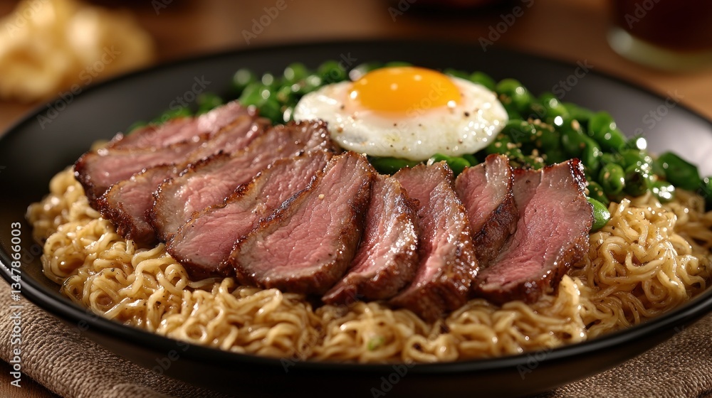 Delicious Asian-style bowl with tender sliced meat, noodles, and a fried egg Delicious Asian-style bowl with tender sliced meat, noodles, and a fried egg