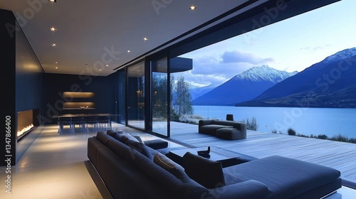 Wallpaper Mural Serene lakeside living room featuring panoramic mountain vista views Torontodigital.ca