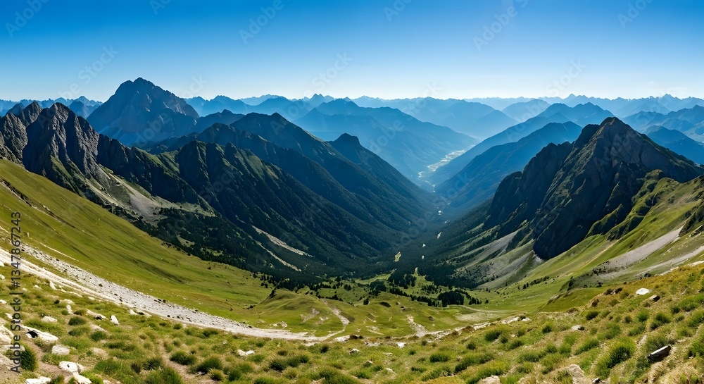 A sweeping view of a green valley framed by high, distant mountain peaks, Ai Generated A sweeping view of a green valley framed by high, distant mountain peaks, Ai Generated