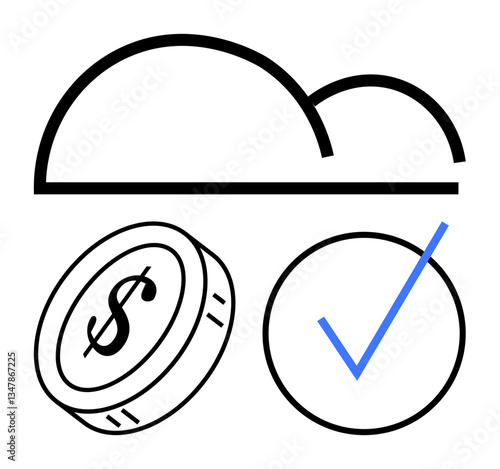 Cloud icon above a dollar coin and blue checkmark signifying secure data storage, financial stability, and trust. Ideal for finance, cloud systems, technology, security, trust, transactions