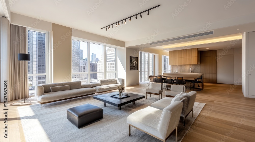 Fototapeta premium Luxury penthouse apartment featuring cityscape views and modern design