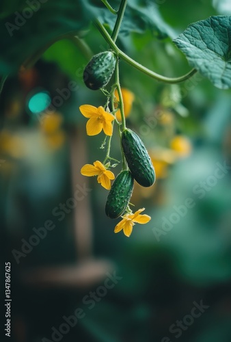 Fresh green cucumbers with bright yellow flowers growing in a garden with blurred green background creating a vibrant and lively atmosphere