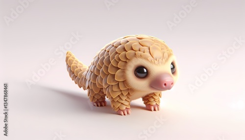 Adorable 3D baby Indian pangolin with golden-brown scales and big eyes, isolated on white.