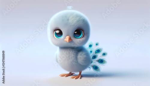 Adorable 3D baby Indian peafowl with soft blue feathers and big shiny eyes, isolated on white.