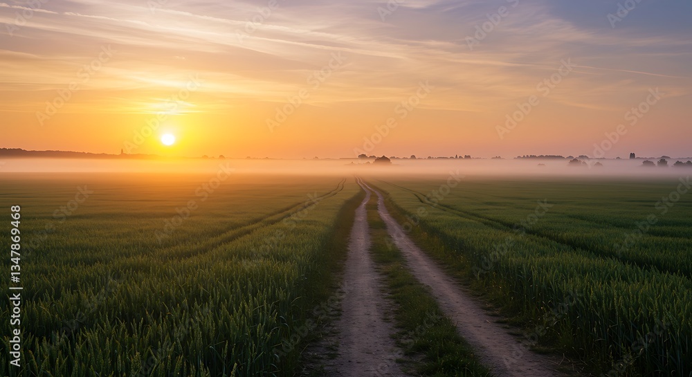 Obraz premium Sunrise Country Road Through Misty Green Field