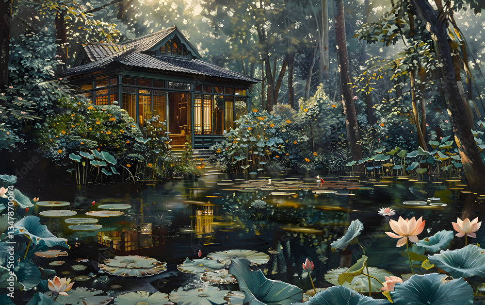 Obraz premium Serene Sanctuary by the Lotus Pond: A traditional Asian-style house, nestled amidst a lush forest, gracefully overlooks a tranquil pond adorned with blooming lotus flowers.