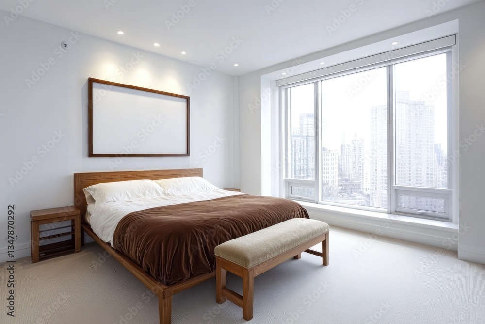 Fototapeta premium Modern Bedroom Featuring Bedside Tables and Large City Window View