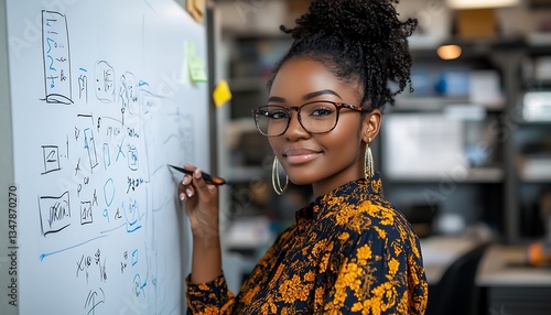 Smiling Young African American Woman Writing Equations on Whiteboard