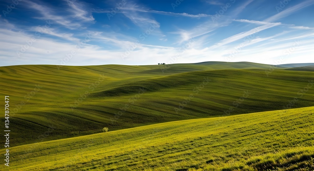 Fototapeta premium Rolling hills covered in thick grass with a bright blue sky and scattered clouds, Ai Generated