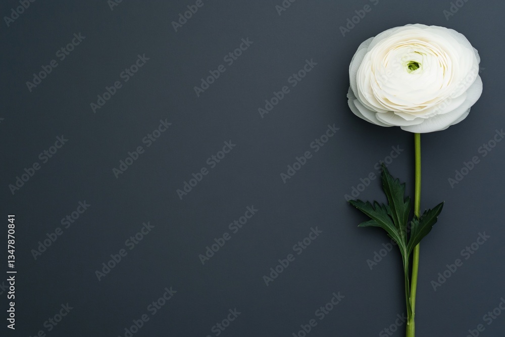 Fototapeta premium A white ranunculus flower, gradient background with pastel cream to light gray on the right, isolated minimalist style.