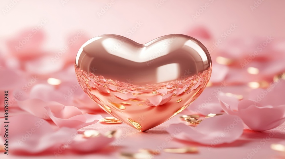 Fototapeta premium Rose petals surround a shiny rose gold heart