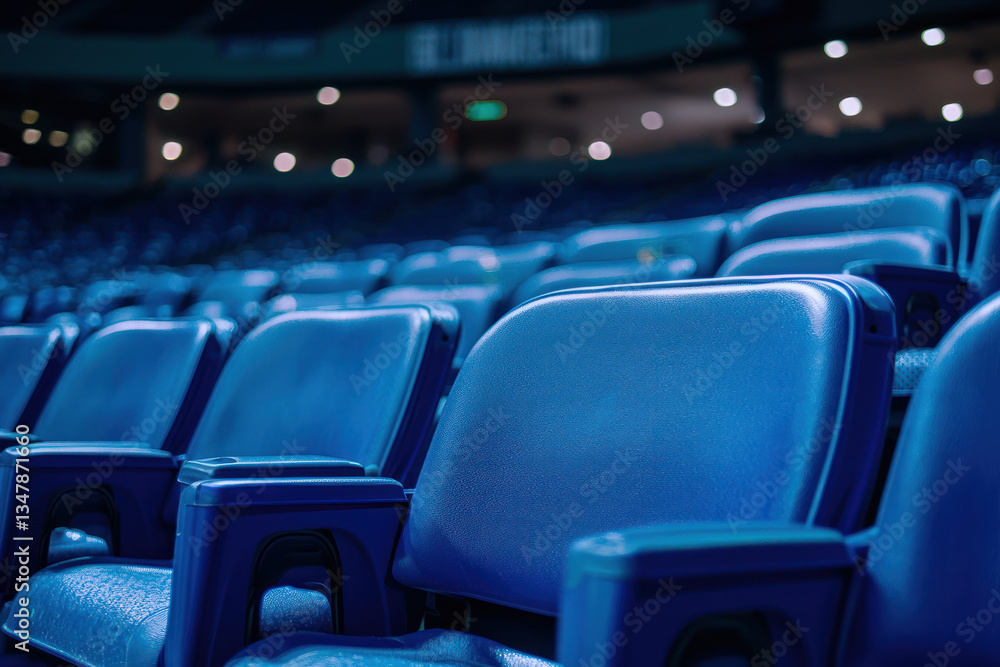 Obraz premium An Empty stadium seats create serene atmosphere, highlighting vibrant blue color and modern design of seating