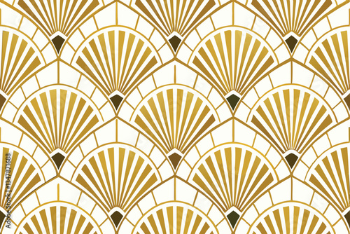 Luxurious Art Deco pattern of repeating geometric fan shapes with golden accents Pattern Background