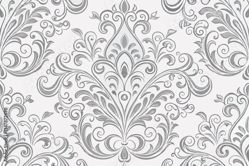 Elegant Damask Pattern with Ornate Floral Motifs in Light Gray and White, Luxurious Decorative Design for Interior Pattern Background