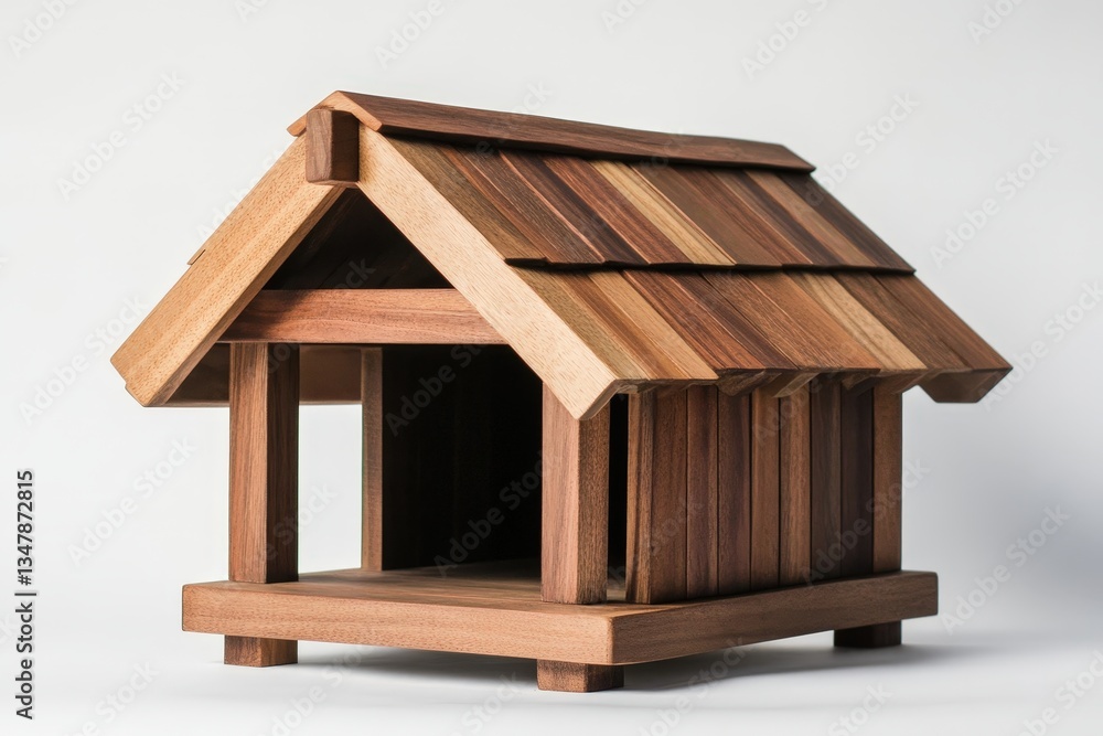 A handcrafted wooden house structure with a shingle roof A handcrafted wooden house structure with a shingle roof