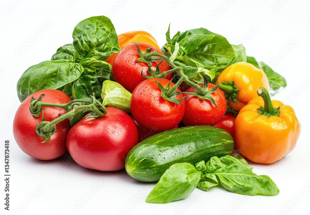 Fresh vegetables including ripe tomatoes, cucumber, bell peppers, and basil leaves arranged beautifully on a light background for healthy cuisine Fresh vegetables including ripe tomatoes, cucumber, bell peppers, and basil leaves arranged beautifully on a light background for healthy cuisine