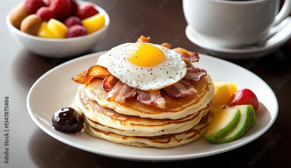 Delicious Stack of Pancakes with Fried Egg and Bacon, Served with Fresh Fruit Delicious Stack of Pancakes with Fried Egg and Bacon, Served with Fresh Fruit