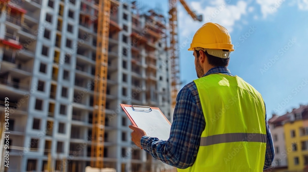 Construction Site Inspector, construction worker reviews plans at a modern building site Construction Site Inspector, construction worker reviews plans at a modern building site