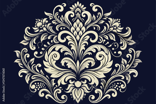Timeless black and white damask pattern with ornate floral elements, perfect for upscale interiors, vintage inspired designs, or sophisticated textile use