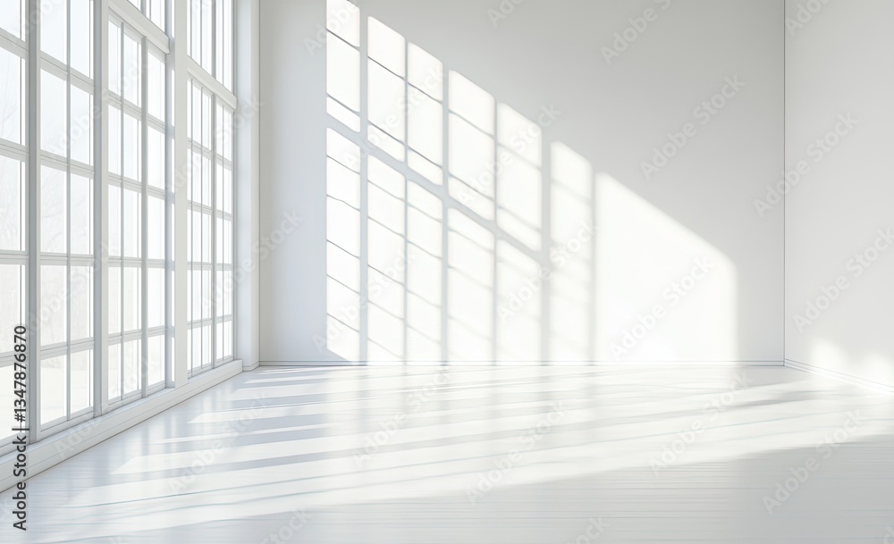 White room with large windows, sunlight shadows, empty space, interior design White room with large windows, sunlight shadows, empty space, interior design