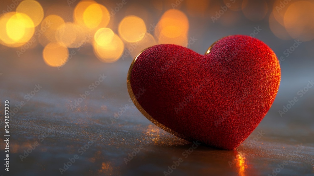 Fototapeta premium Red Heart Shaped Ornament On Dark Surface With Lights
