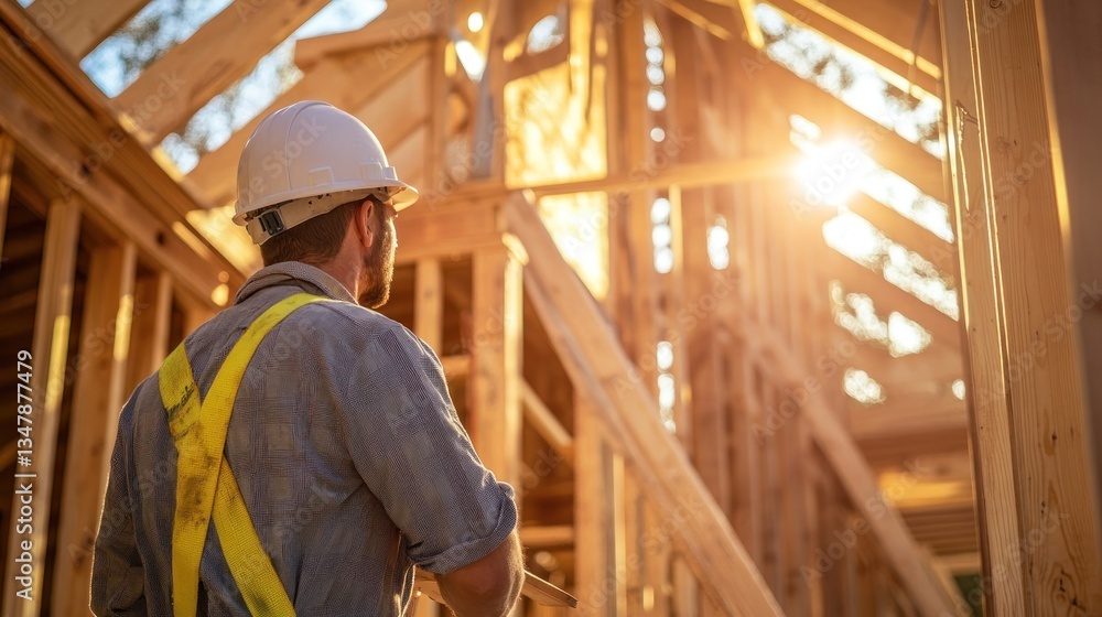 Construction Worker at Sunset, Home Building Progress, New House Frame Construction Worker at Sunset, Home Building Progress, New House Frame